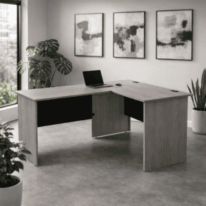 Escritorio de oficina en espacio minimalista con plantas y arte abstracto.