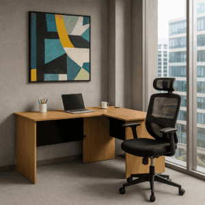 Escritorio de oficina con silla ergonómica y vista a edificios urbanos en un espacio de trabajo mode.