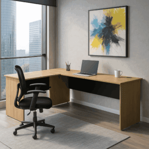 Mesa de oficina moderna con vista a la ciudad, ideal para espacios de trabajo profesionales y elegan.