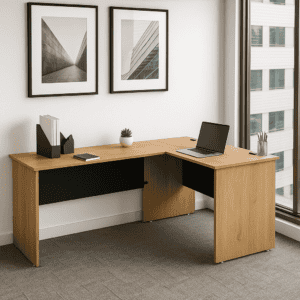 Mesa de oficina moderna en espacio de trabajo con vista a la ciudad.