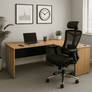 Escritorio de oficina con silla ergonómica, laptop y accesorios en espacio de trabajo profesional.