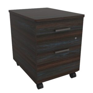 Mueble de oficina con ruedas y cajones en acabado oscuro.