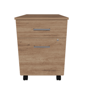 Mueble de oficina de madera con ruedas y dos cajones, ideal para espacios de trabajo modernos.
