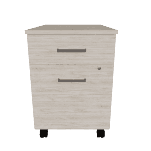 Mueble de oficina con ruedas y cajones en acabado madera clara.