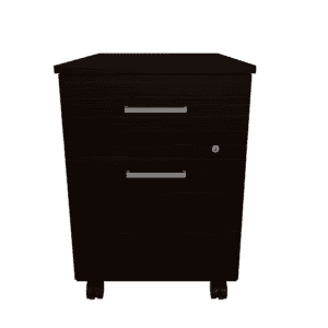 Mueble de oficina oscuro con cajones para almacenamiento.