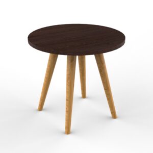 Mesa de madera redonda con patas de madera natural, ideal para espacios de trabajo y estudio.