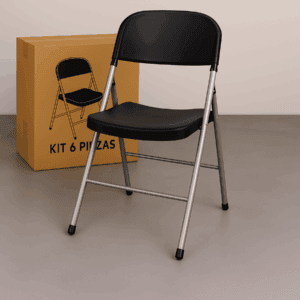 Silla plegable negra para oficina y espacios pequeños, ideal para reuniones y eventos.