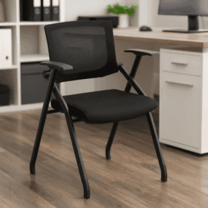 Silla de oficina negra ergonómica para trabajo y estudio en oficina moderna.