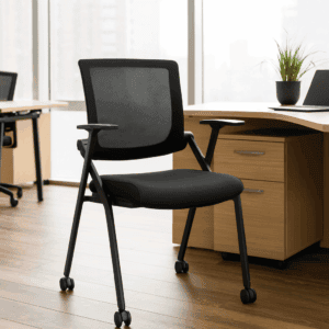 Silla de oficina ergonómica negra con ruedas y respaldo ventilado para espacios de trabajo cómodos y.