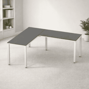 Mesa de oficina en forma de L para espacios de trabajo modernos y funcionales.