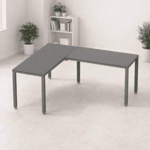 Mesa de oficina gris, mobiliario de oficina, escritorio funcional, espacio de trabajo.