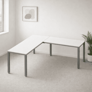 Mesa de oficina ajustable para trabajo y estudio en espacio minimalista.