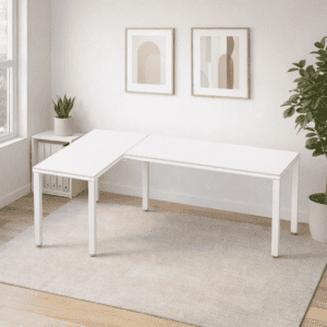 Mesa de oficina ajustable en espacio minimalista y moderno para trabajo y estudio.
