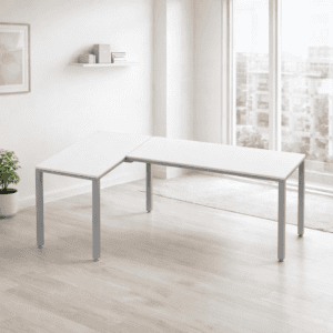 Mesa de oficina blanca con diseño minimalista y estructura metálica.