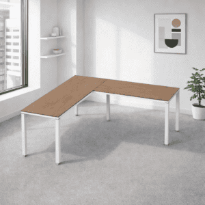 Mesa de oficina moderna con superficie de madera y estructura blanca para espacios de trabajo.