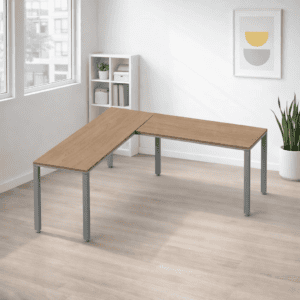 Mesa de oficina en forma de L para espacios de trabajo modernos y funcionales.