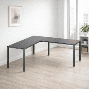 Mesa de oficina en forma de L, ideal para espacios de trabajo eficientes y elegantes.