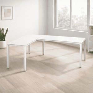 Mesa de oficina blanca y moderna para espacios de trabajo.