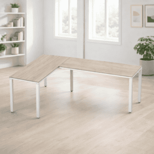 Mesa de oficina en forma de L para espacios de trabajo modernos y funcionales.