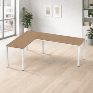 Mesa de oficina en forma de L para espacios de trabajo modernos y funcionales.