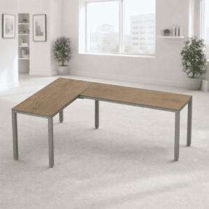 Mesa de oficina en forma de L para espacios de trabajo modernos y funcionales.