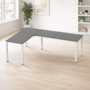 Mesa de oficina en forma de L para espacios de trabajo modernos y funcionales.