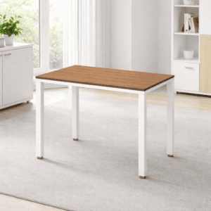 Mesa de oficina moderna con superficie de madera y estructura blanca para espacios de trabajo.