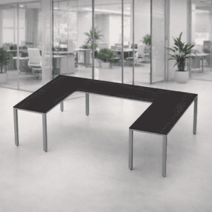 Mesa de oficina en forma de L, ideal para espacios de trabajo colaborativos y oficinas modernas.