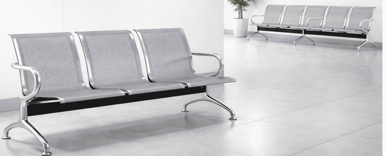 Sillas de espera metálicas y cómodas en oficina moderna. Ideal para áreas de recepción y espera.