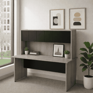 Escritorio de oficina moderna con almacenamiento y decoración minimalista para espacios de trabajo e.