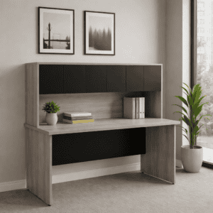 Mueble de oficina con diseño moderno y funcional en espacio minimalista, ideal para organización y p.
