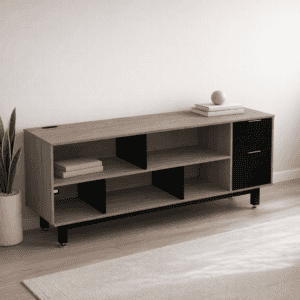 Estantería de oficina moderna de madera con compartimentos abiertos y cerrados.