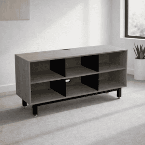 Estantería moderna para oficina o sala de estar en color gris con compartimentos abiertos y diseño m.