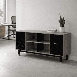 Mueble de oficina moderno con almacenamiento y plantas decorativas en tonos neutros.