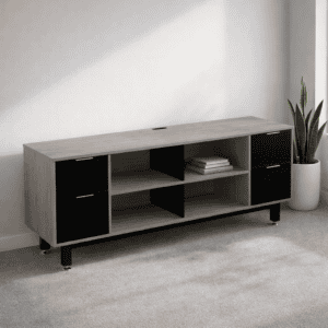 Mueble de oficina moderno con almacenamiento y diseño funcional en tonos neutros.