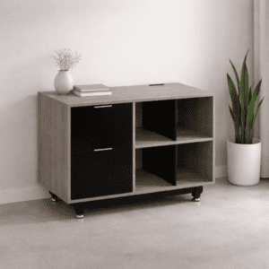 Mueble de oficina con compartimentos abiertos y cerrados, ideal para organización y estilo en espaci.