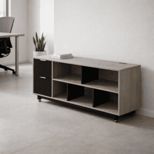 Estantería moderna para oficina con diseño minimalista y espacio de almacenamiento funcional.