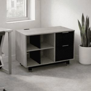 Mueble de oficina con diseño moderno, almacenamiento en negro y madera clara, ideal para espacios de.