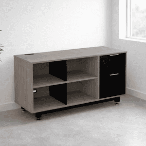 Mueble de oficina con estantes y cajones en diseño moderno y funcional. Ideal para espacios de traba.