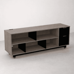 Mueble oficina moderno con compartimentos abiertos y cerrados, ideal para organización y almacenamie.