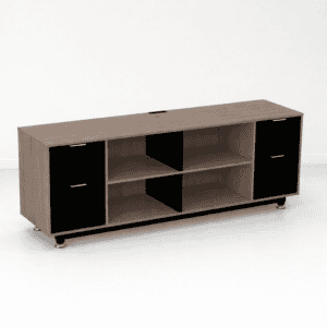 Mueble de oficina con puertas negras y estantes abiertos, ideal para almacenamiento y organización e.