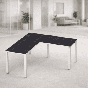 Mesa de oficina en forma de L para espacios de trabajo modernos y ergonómicos.