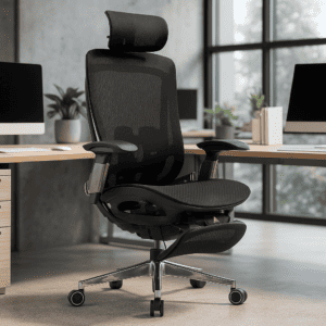 Silla de oficina ergonómica con respaldo alto y ajustable para mayor comodidad y soporte lumbar. Ide.