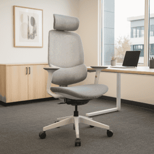 Silla ergonómica de oficina gris con soporte lumbar y ajustable, ideal para espacios de trabajo y of.