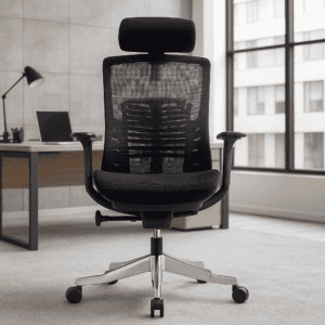 Silla de oficina ergonómica con respaldo ajustable y ruedas para comodidad y movilidad.