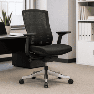 Silla de oficina ergonómica negra con respaldo de malla y base con ruedas, ideal para espacios de tr.