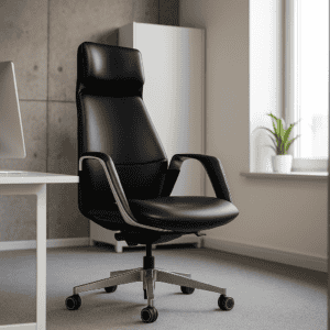 Silla de oficina ergonómica negra con respaldo alto y ruedas, ideal para espacios de trabajo moderno.