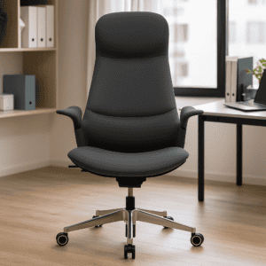 Silla de oficina ergonómica negra con respaldo alto y ruedas, ideal para espacios de trabajo cómodos.