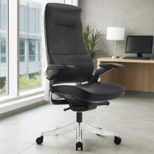 Silla de oficina ergonómica negra con soporte lumbar y ruedas, ideal para espacios de trabajo modern.
