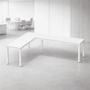 Mesa de oficina blanca con diseño funcional y elegante para espacios laborales.